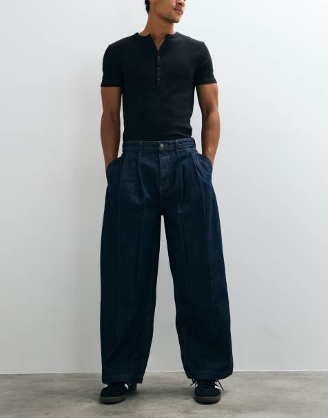 ASOS DESIGN barrel leg jeans with pleats in raw indigo denim - view 1