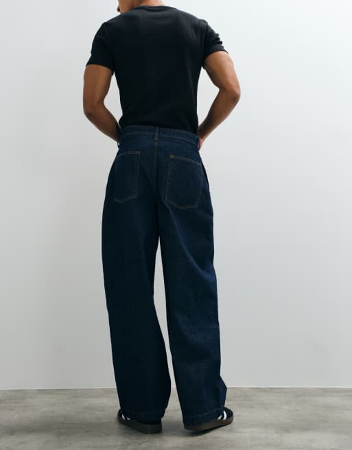 ASOS DESIGN barrel leg jeans with pleats in raw indigo denim, 4 of 5