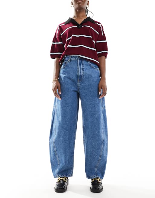 ASOS DESIGN barrel leg jeans with seam detail in clean mid blue