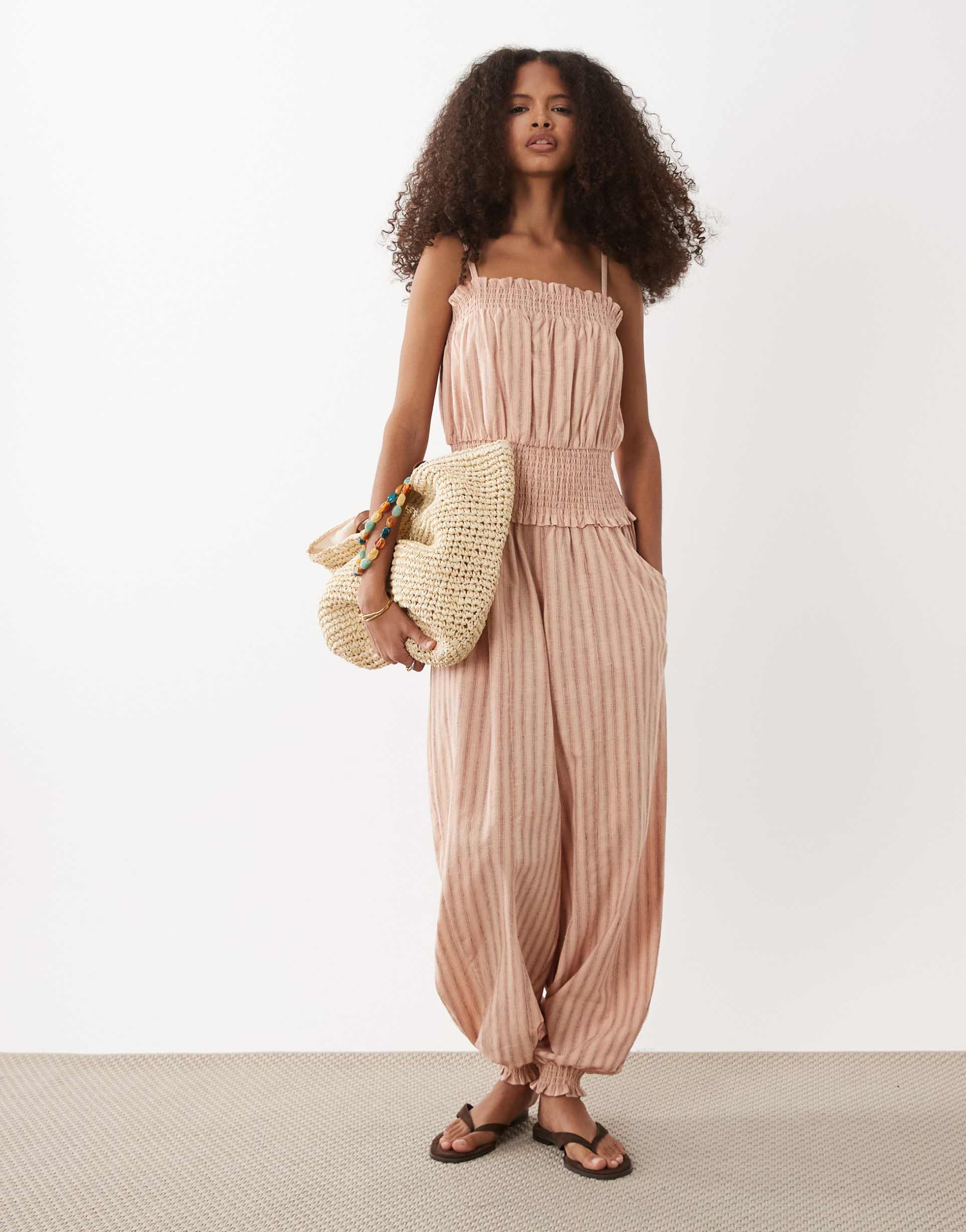 asos design barrel leg jumpsuit in pink stripes
