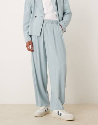 ASOS DESIGN barrel leg linen blend suit trousers in light blue
