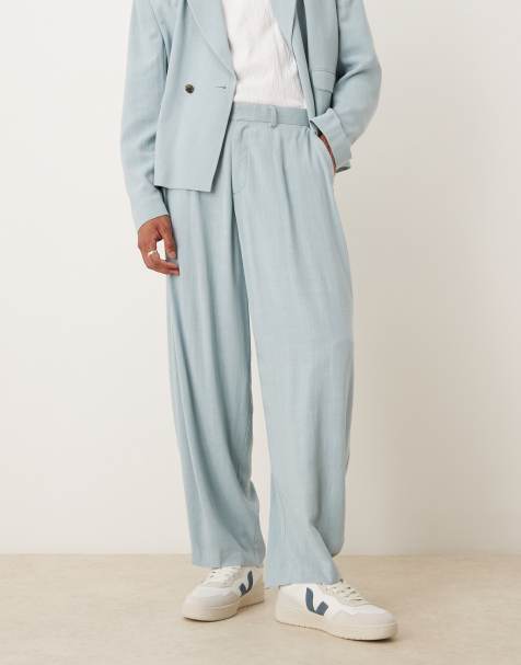 ASOS DESIGN barrel leg linen blend suit trousers in light blue - view 1