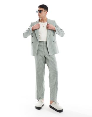 Asos Design Barrel Leg Linen Mix Suit Pants In Green Puppy Tooth