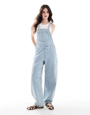 barrel leg overalls in light wash with distressing-Blue