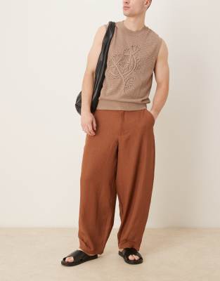 [ASOS DESIGN] ASOS DESIGN barrel leg pants in brown crosshatch W34 BROWN