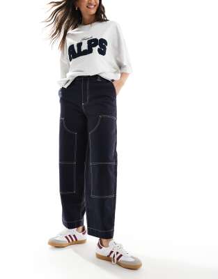 barrel leg pants in navy with contrast stitch-Black