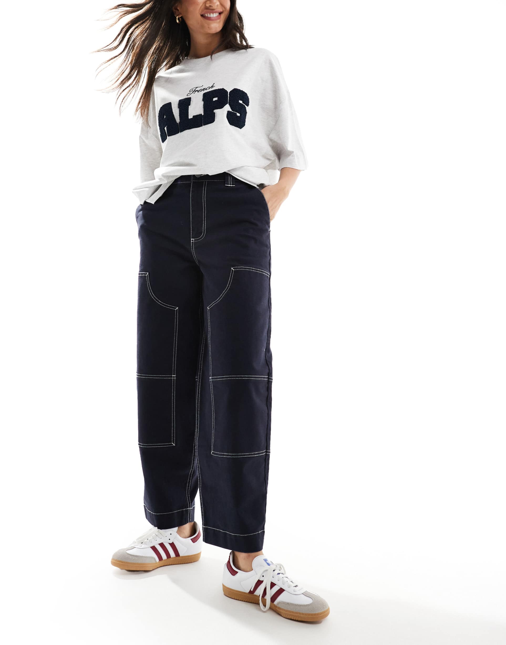 asos design barrel leg pants in navy with contrast stitch