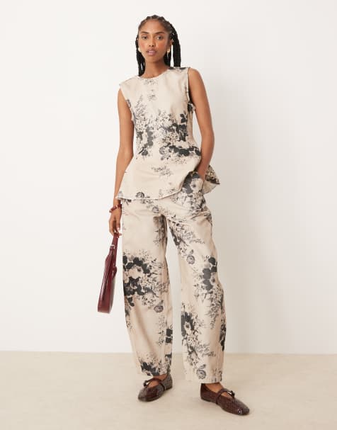ASOS DESIGN barrel leg trousers in taupe floral print