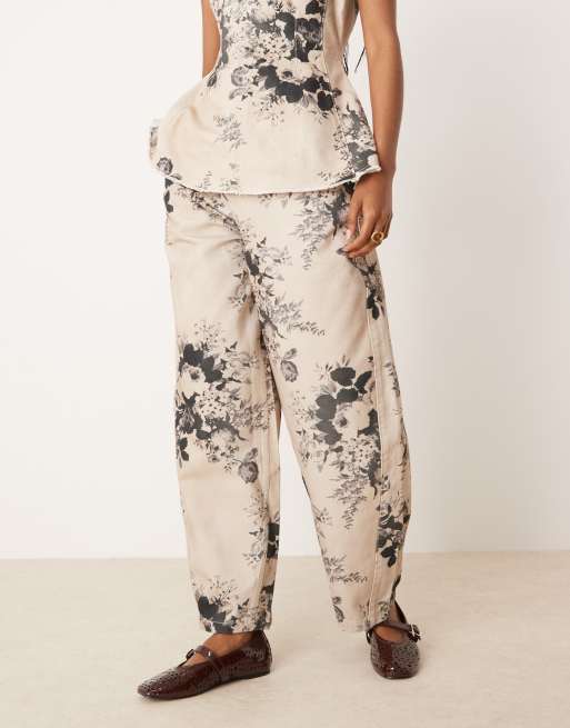 ASOS DESIGN barrel leg pants in taupe floral print