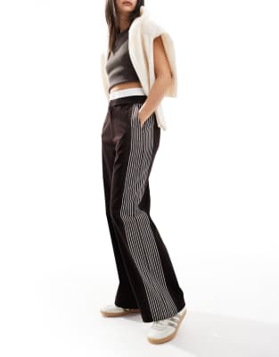 barrel leg pants with double waistband in chocolate stripe-Neutral