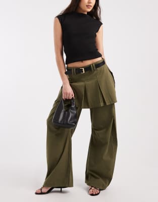 Asos Design Barrel Leg Pants With Pleated Skirt Overlay In Green