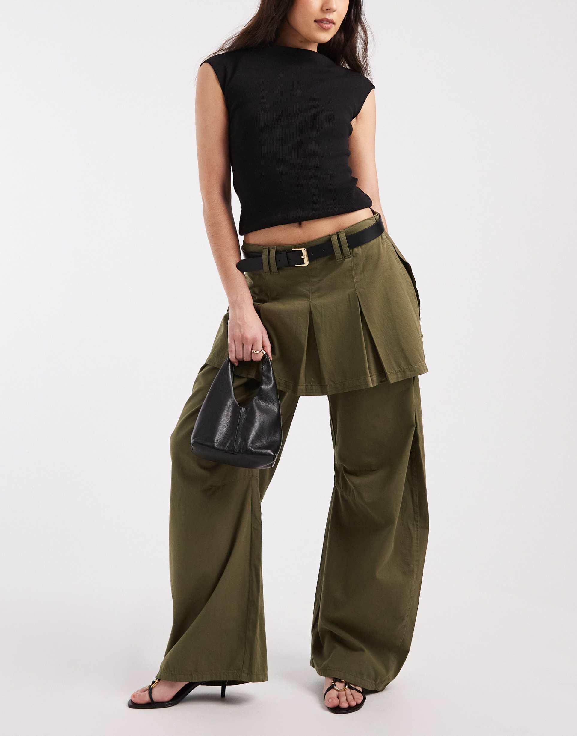 asos design barrel leg pants with pleated skirt overlay in dark green