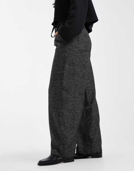 ASOS DESIGN barrel leg pants with seam detail in textured plaid in mono