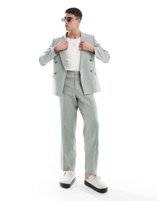 ASOS DESIGN barrel leg suit pants in green linen puppy tooth