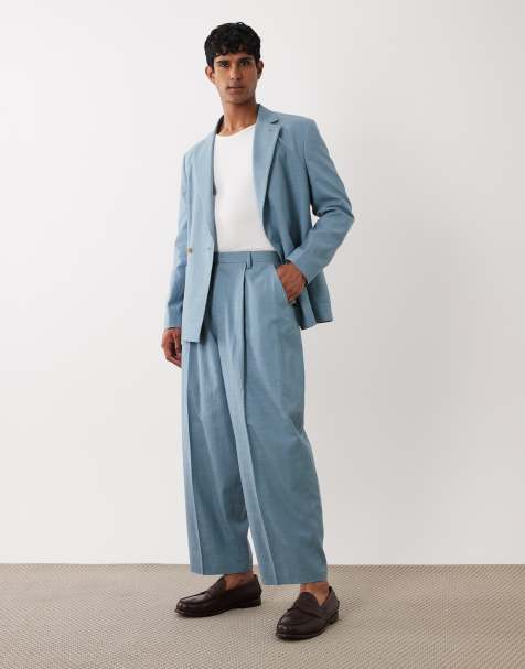 ASOS DESIGN barrel leg suit trouser in blue slub texture