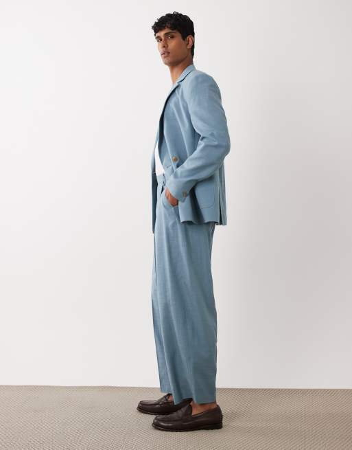 ASOS DESIGN barrel leg suit trouser in blue slub texture, 3 of 5