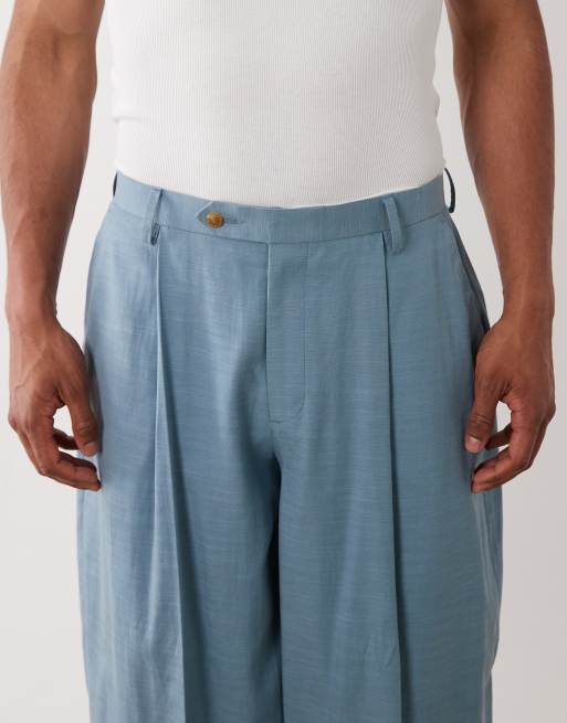 ASOS DESIGN barrel leg suit trouser in blue slub texture, 4 of 5