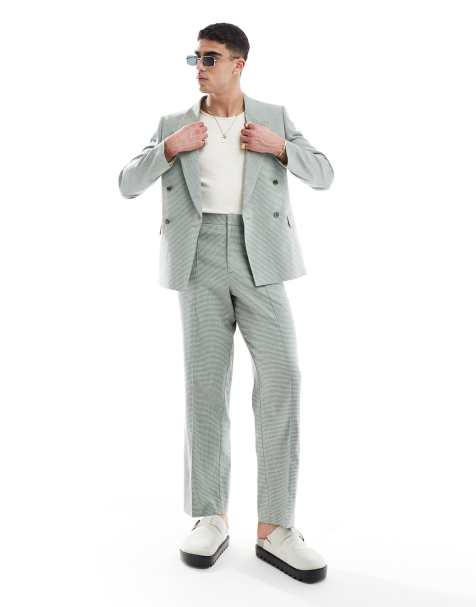 ASOS DESIGN barrel leg suit trouser in green linen puppy tooth - view 1