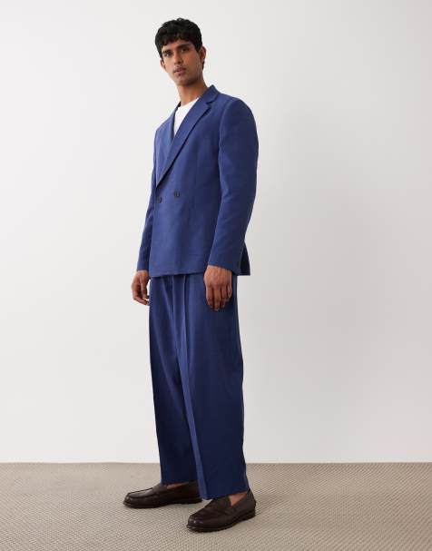 ASOS DESIGN barrel leg suit trouser in navy slub texture