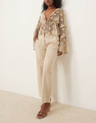 Asos Design Barrel Pants In Premium Suede With Seam Detail In Stone-neutral