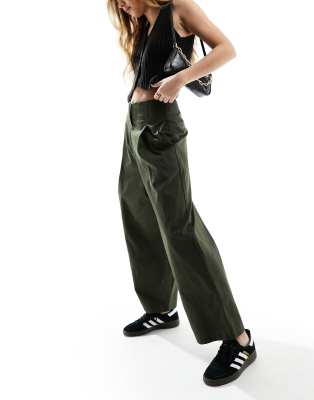 Asos Design Barrel Pants In Structured Twill In Khaki-green