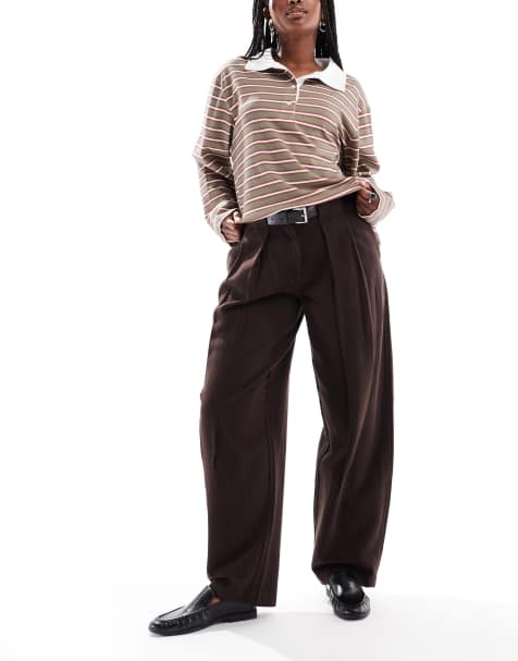 ASOS DESIGN barrel pants with belt in washed brown - view 1