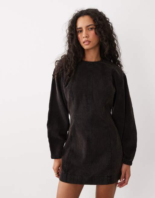 ASOS DESIGN barrel sleeve cord seamed mini dress in washed black, 2 of 4
