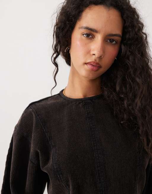 ASOS DESIGN barrel sleeve cord seamed mini dress in washed black, 3 of 4