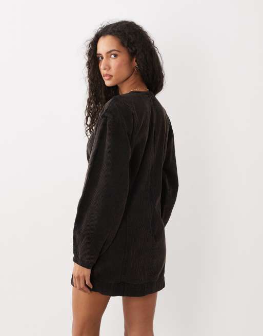ASOS DESIGN barrel sleeve cord seamed mini dress in washed black, 4 of 4