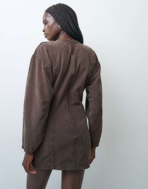ASOS DESIGN barrel sleeve cord seamed mini dress washed chocolate, 4 of 4