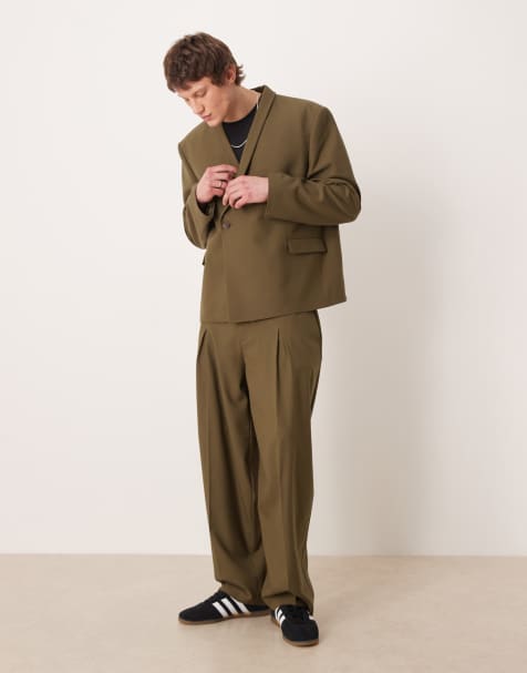 ASOS DESIGN barrel suit trousers in olive green twill - view 1