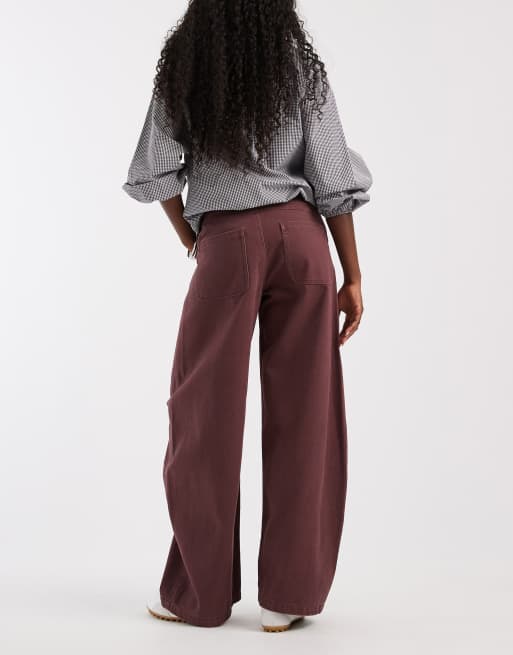 ASOS DESIGN barrel trouser with side panel detail in burgundy, 3 of 5
