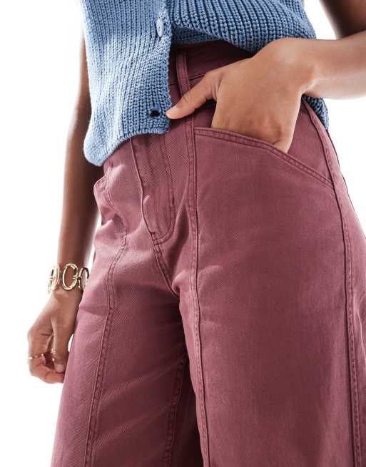 ASOS DESIGN barrel trousers with seam detail in washed plum, 3 of 5