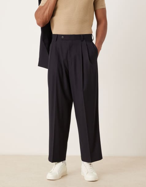 ASOS DESIGN barrel trousers with subtle woven stripe in navy