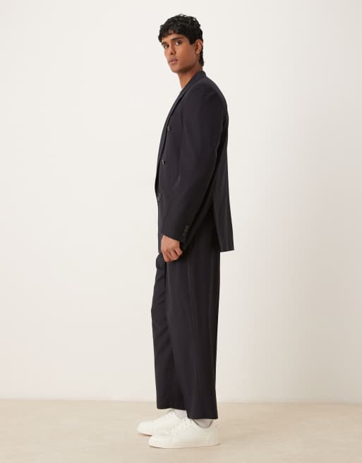 ASOS DESIGN barrel trousers with subtle woven stripe in navy, 3 of 5