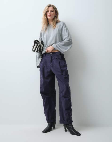 ASOS DESIGN barrelbyxor med dragsko i sidan i mörkblått - view 1