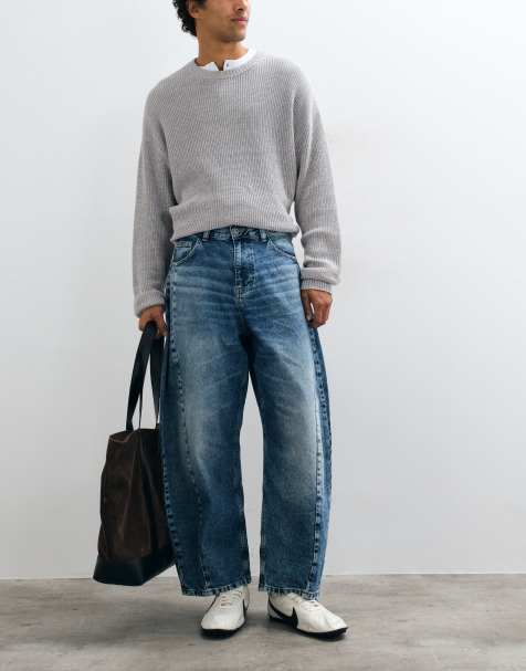 ASOS DESIGN barreljeans med sidsöm i mellanblå tvätt - view 1