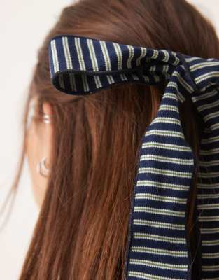 Asos Design Barrette Clip With Long Length Striped Hair Bow In Black