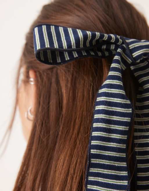 ASOS DESIGN barrette clip with long length striped hair bow in navy and green, 2 of 3