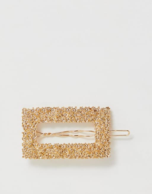 ASOS DESIGN barrette hair clip in rectangle shape in textured metal in gold tone, 2 de 4