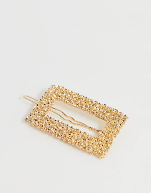 ASOS DESIGN barrette hair clip in rectangle shape in textured metal in gold tone, 3 de 4
