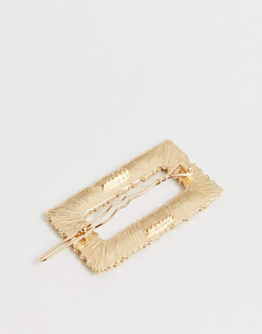 ASOS DESIGN barrette hair clip in rectangle shape in textured metal in gold tone, 4 de 4