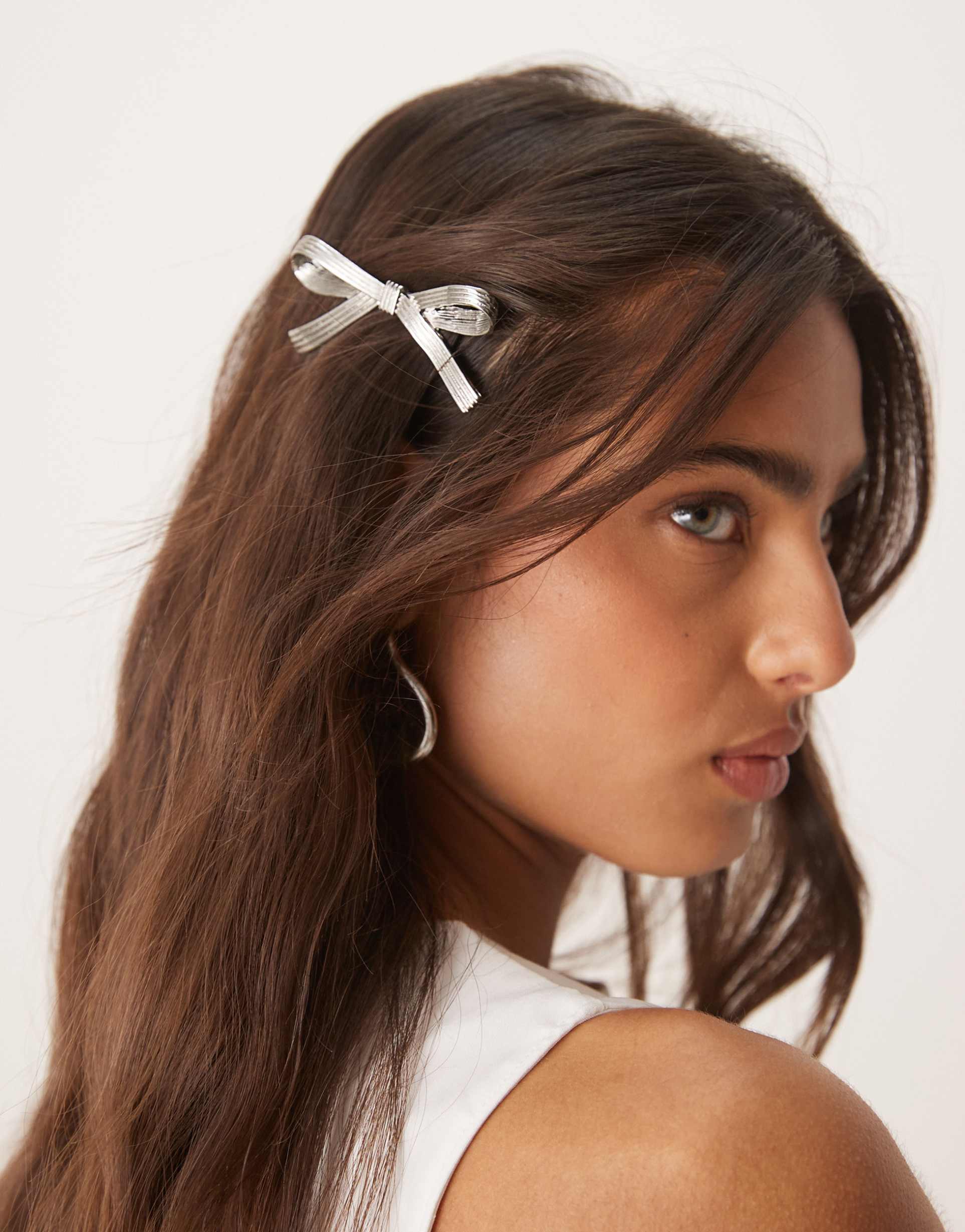 asos design barrette hair clip with bow detail in silver