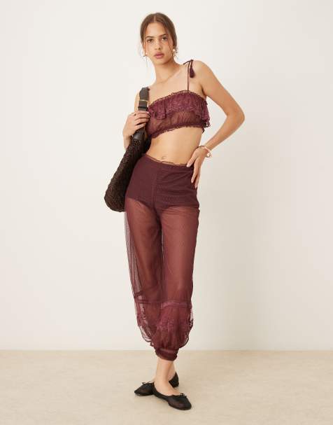 ASOS DESIGN – Bärröda byxor i skir dobbymesh med spetskanter, del av set - view 1