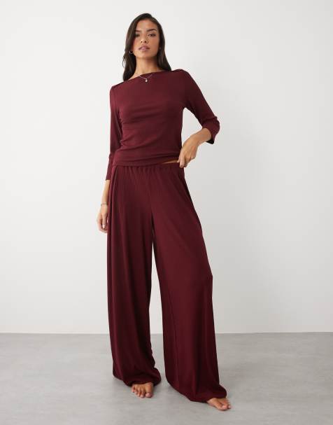 ASOS DESIGN bas de pyjama lounge côtelé à assortir à jambe large en figue - view 1