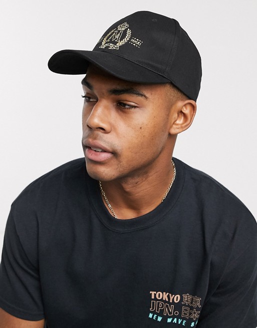 ASOS DESIGN baseball cap in black with gold embroidery
