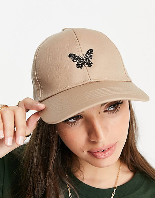 ASOS DESIGN baseball cap with butterfly motif in stone