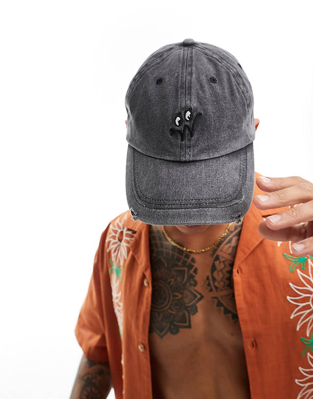 ASOS DESIGN - baseball cap with cartoon embroidery in washed black