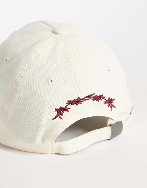 ASOS DESIGN baseball contrast cap with logo graphic in stone and burdundy, 3 of 3