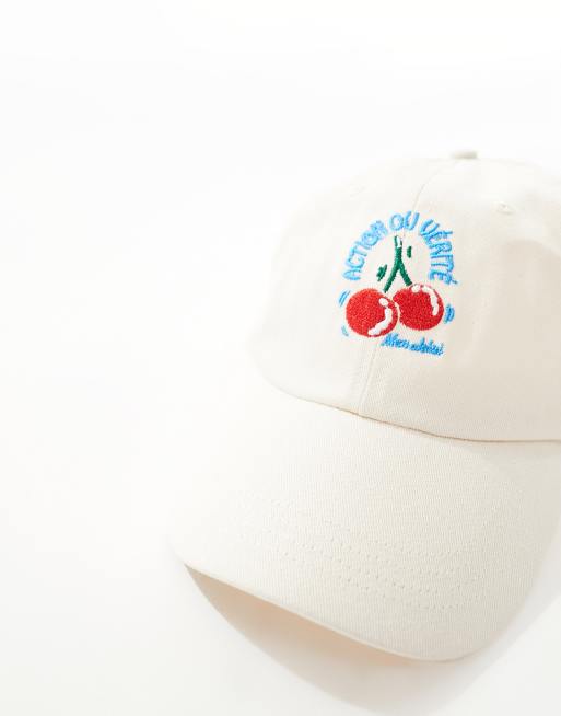 ASOS DESIGN – Baseball-Kappe aus Baumwolle in Ecru mit aufgesticktem Kirsch-Motiv, 3 von 4